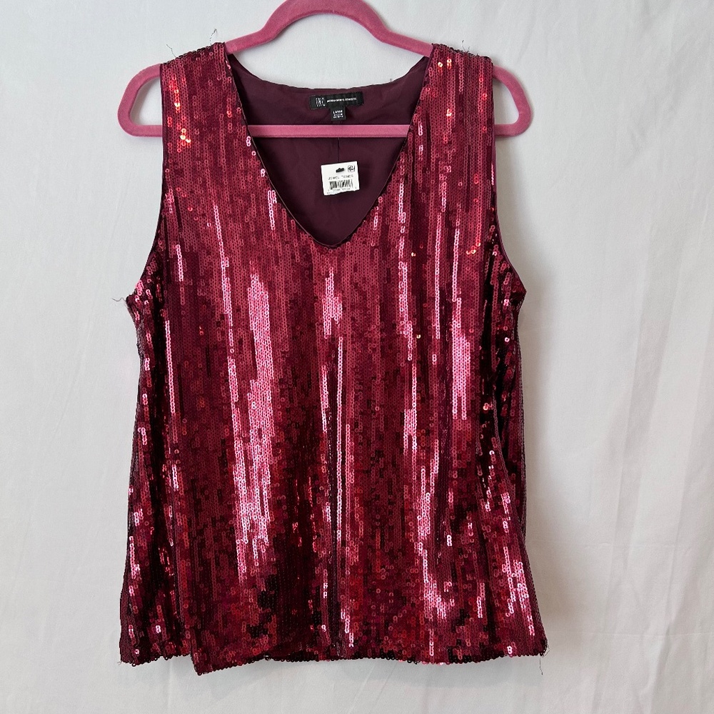 New INC Women’s Red Sequin Tank V Neck Size Large Formal Party Club Holiday